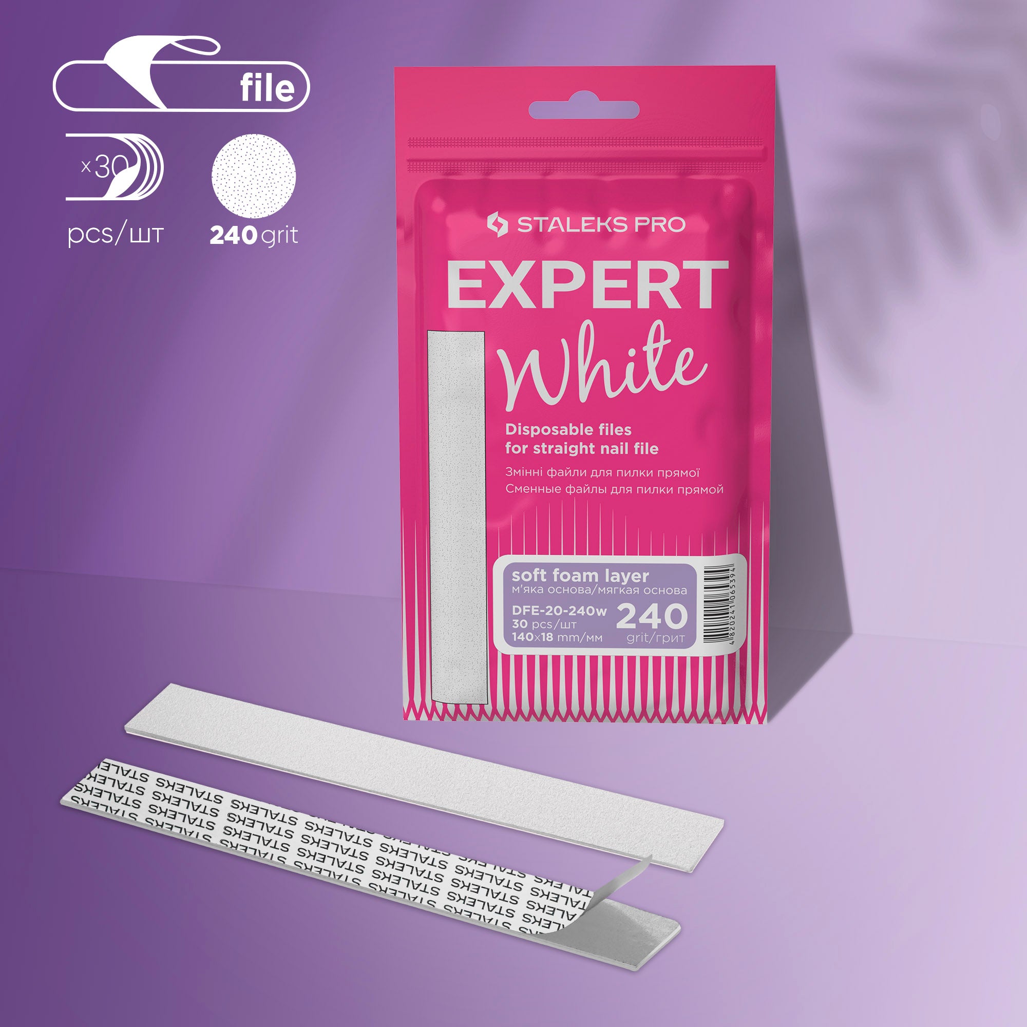 Staleks - Disposable white files for straight nail file on a soft foam layer EXPERT 20 240 grit (30 pcs)